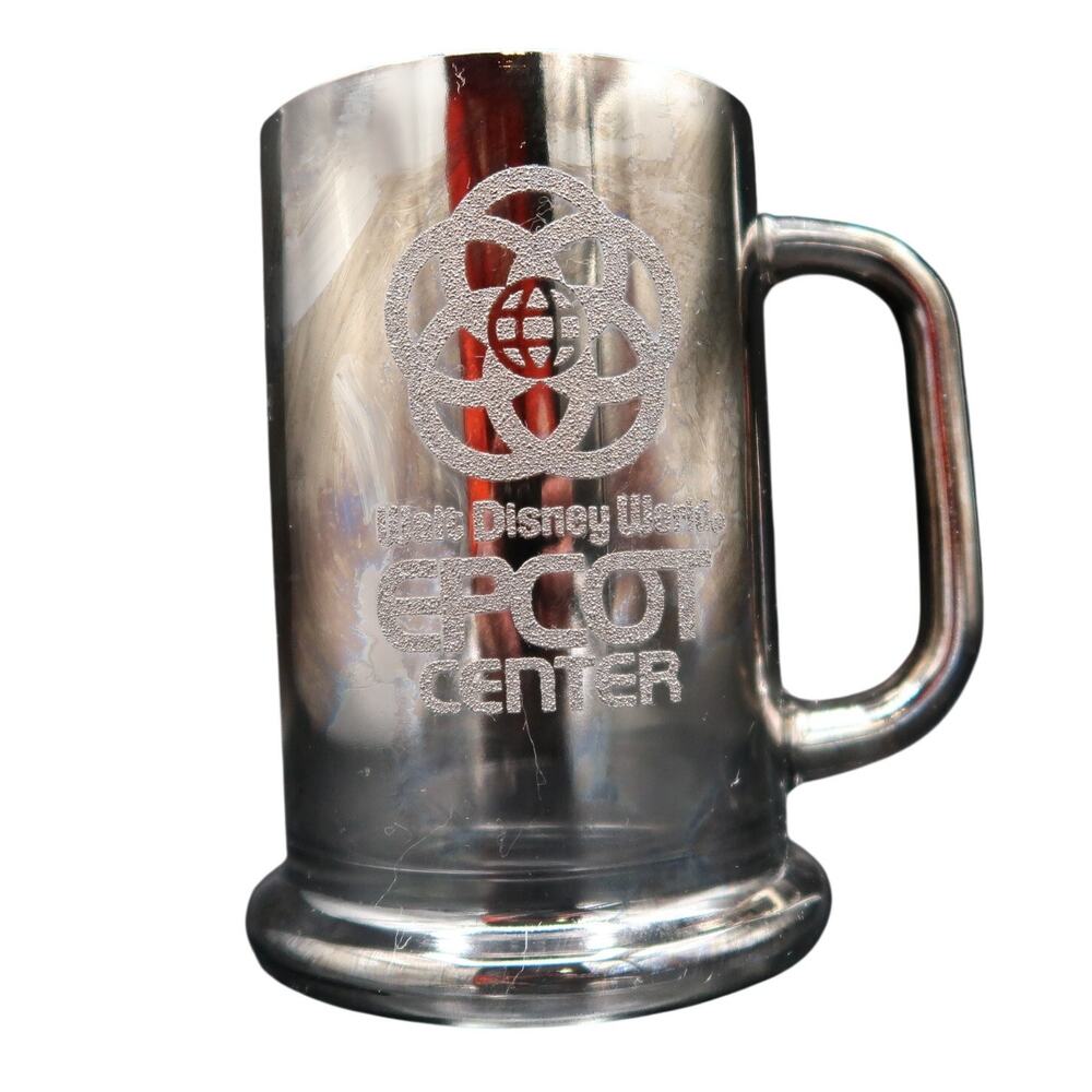 Disney Epcot Stein Mug Metallic Silver Fade Mirror Embossed Logo Vtg Disneyana